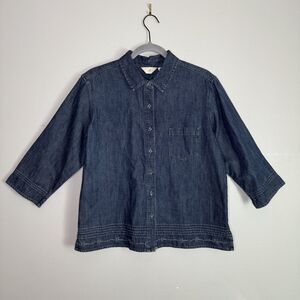 Vintage J Jill Denim Button Up 3/4 Sleeve Top Womens Medium Beaded Embroidered